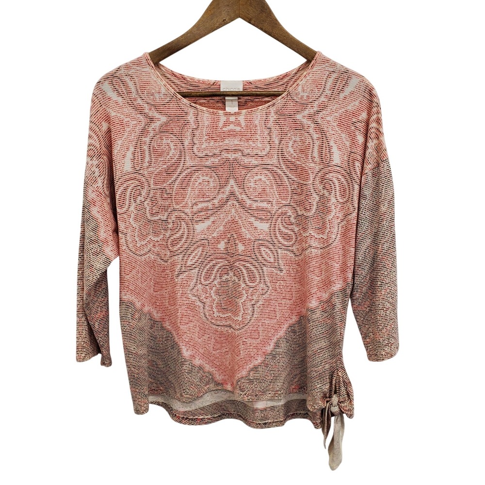 Chico's Womens 3/4 Sleeve Paisley Print Side Tie Top Blouse Size 1 (M) Red Black